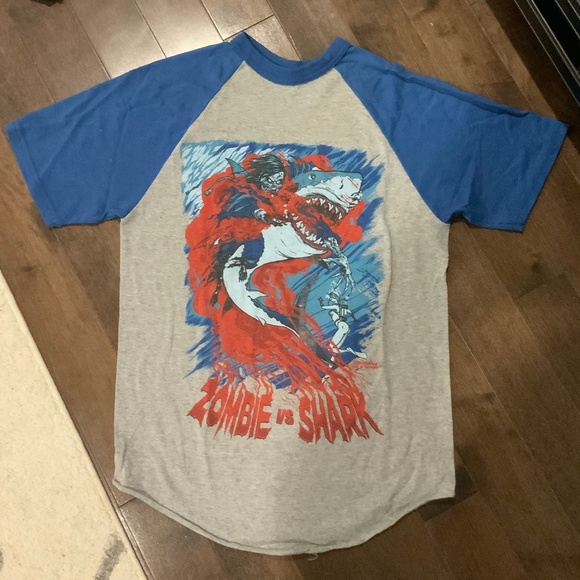 Very rare zombie vs shark baseball ringer style T shirt - Picture 1 of 3